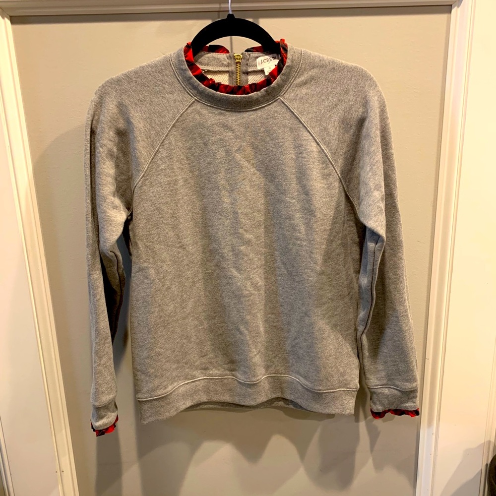 J.Crew gray sweatshirt with plaid ruffle neck